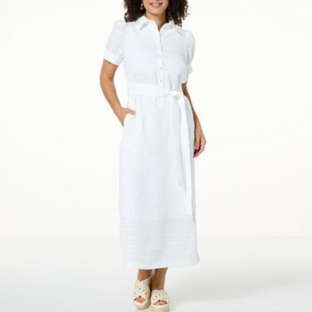 Kathy Ireland Black Texture Gingham Collar Maxi Dress Button Front 1X Pockets